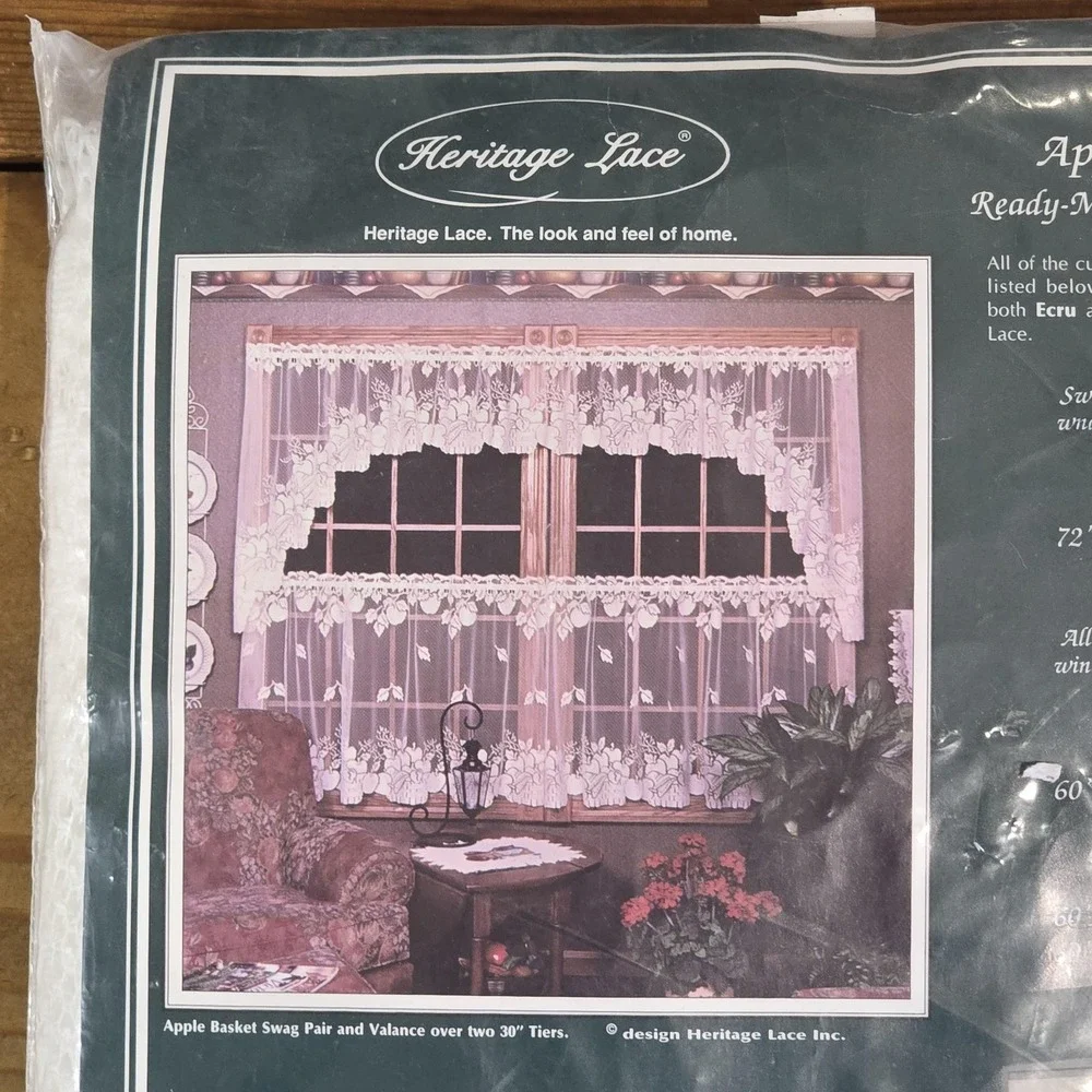 Vintage Heritage Lace Apple Basket Cafe Curtain Valance Tier White Lace